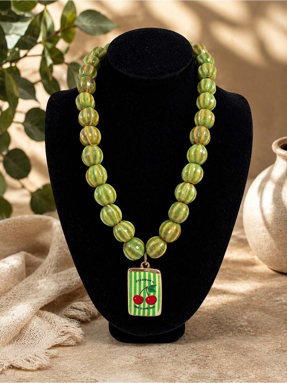 Green Beaded Cherry Pendant Necklace - Women Jewelry